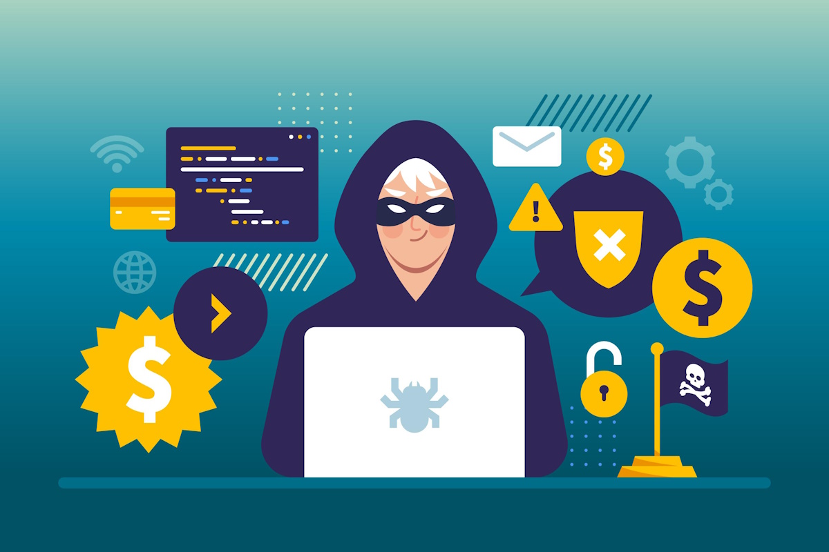 A hooded hacker at a laptop, encircled by locks, cards, and encrypted messages.
