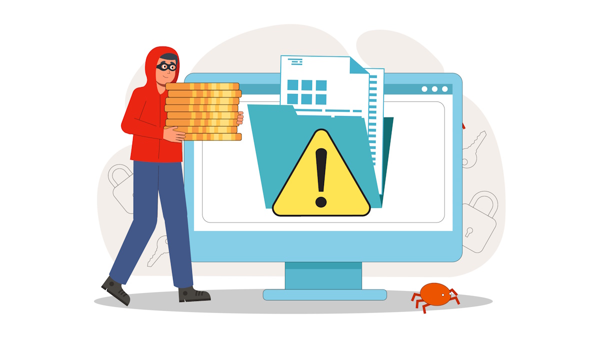 A person in a red hoodie carrying gold coins away from a computer monitor.