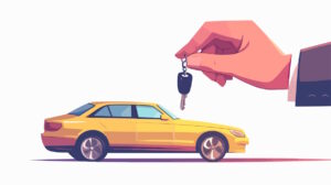 A hand holding car keys in front of a yellow car.