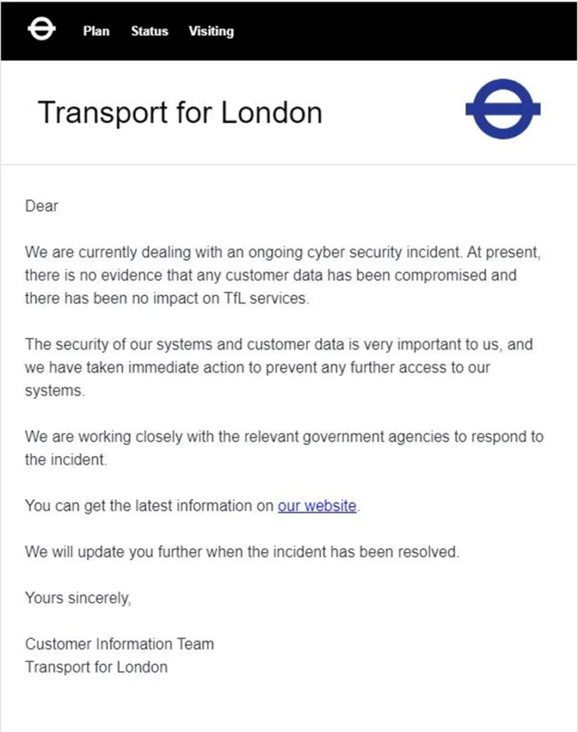 Customer Notification from TfL Regarding Cyberattack 