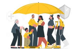 A group of people standing underneath a yellow umbrella.