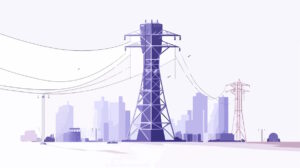 A view of an electronic power transmission tower with energy cables, set against a backdrop of city buildings.
