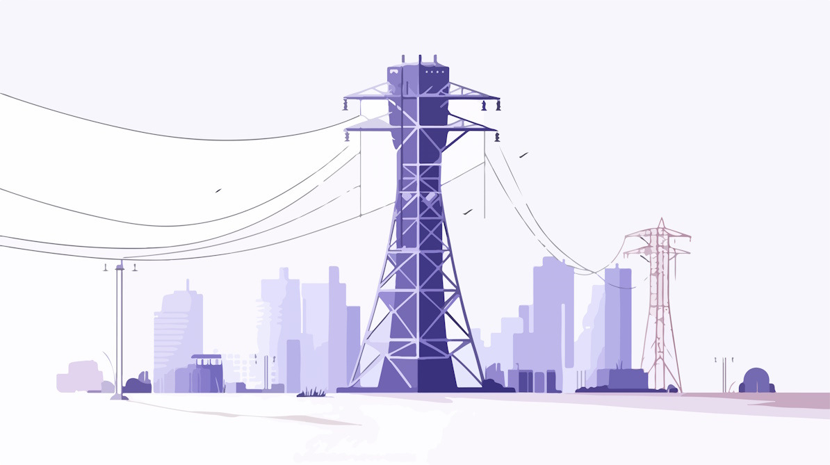 A view of an electronic power transmission tower with energy cables, set against a backdrop of city buildings.