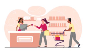 A supermarket checkout scene with cashier handing a card to a customer.