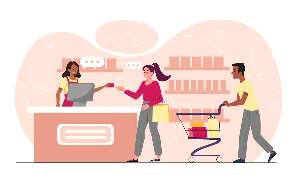 A supermarket checkout scene with cashier handing a card to a customer.