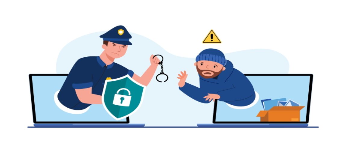 The police man with handcuffs to catch the thief on a computer screen, Abstract security protection digital data with thefts data,  data security concept, isolated flat vector illustration