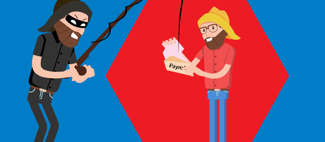 Hacker lowering a fishing rod over a person reading a payroll letter