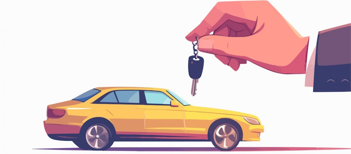 A hand holding car keys in front of a yellow car.