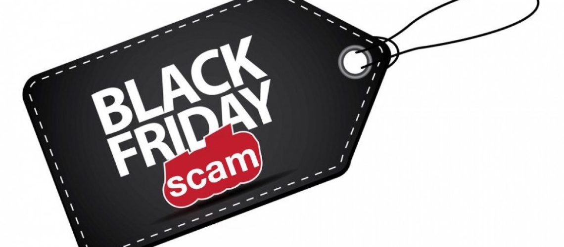 Black price tag with the words "Black Friday Scam" on it