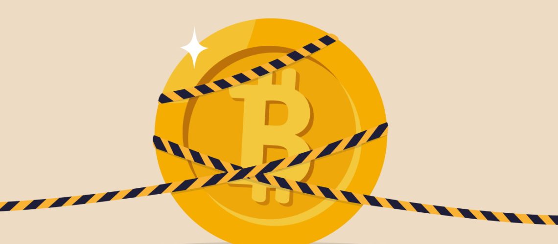 A digital currency (Bitcoin) wrapped in caution tape.