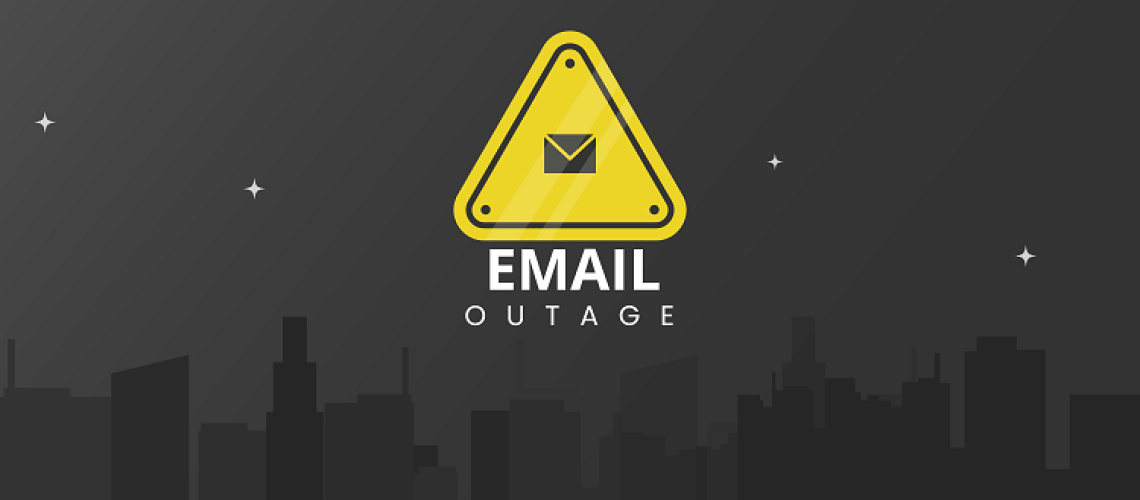 Dark city with warning sign showing "Email outage"