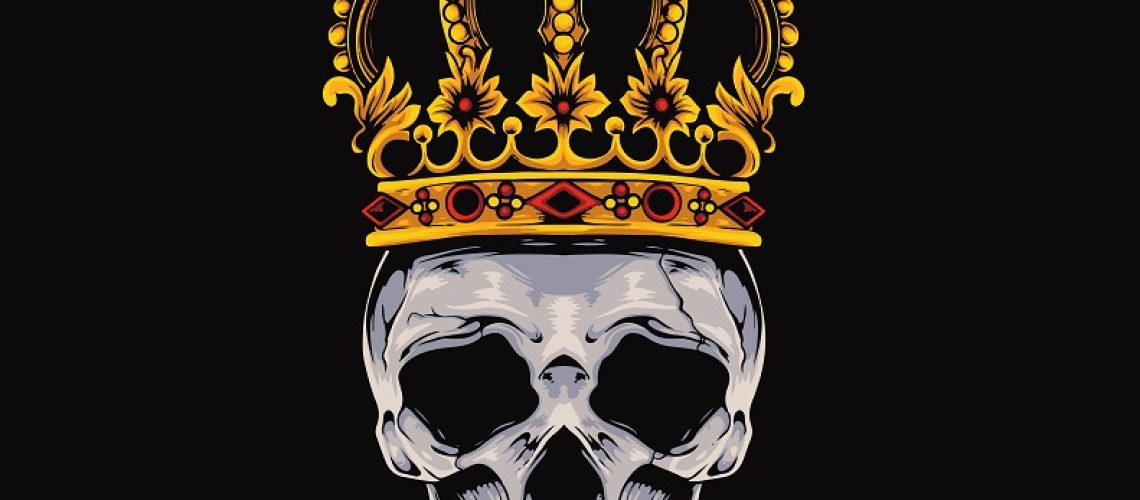 Grinning skull wearing a crown on black background
