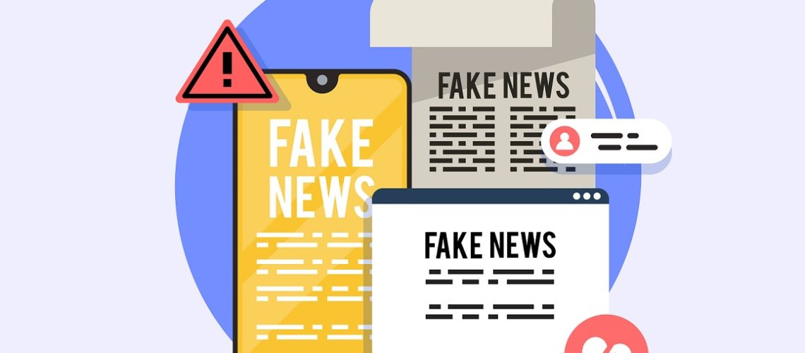 Multiple screens and devices showing "Fake News"