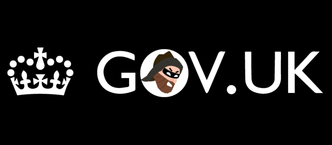 GOV.UK Logo with hacker in the middle of the O