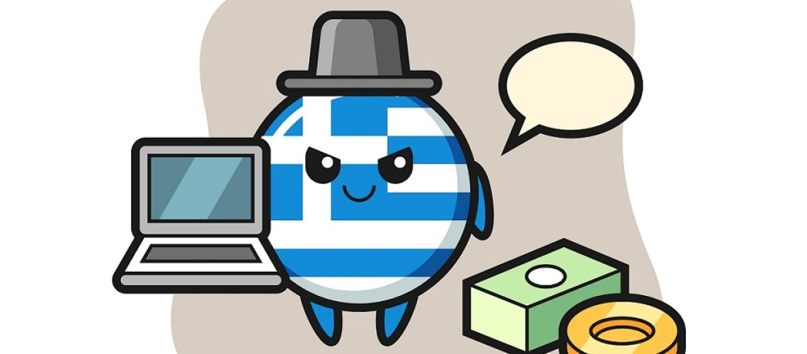criminal with Greek flag holding computer with a silent speech bubble.