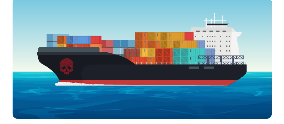 Container ship with red binary skull