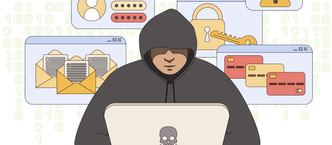 Hacker in black hood stealing data.