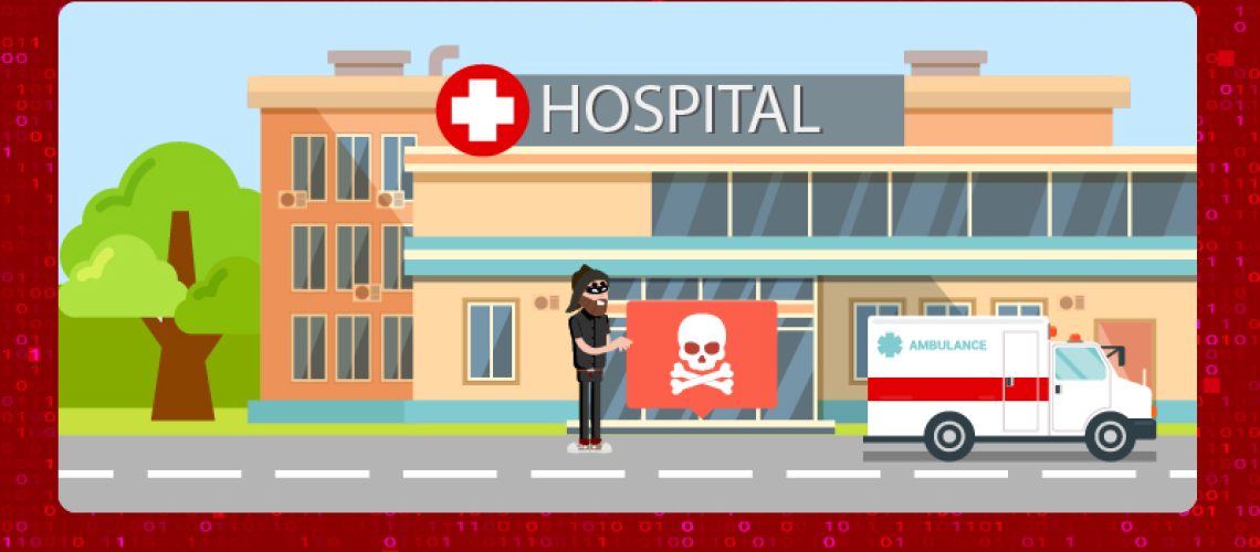 Hacker holding skull and crossbones sign outside hospital