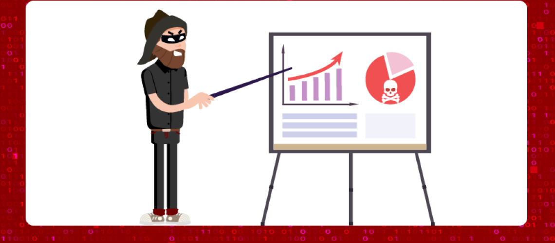 Hacker pointing at a graph demonstrating increasing ransomware statistics