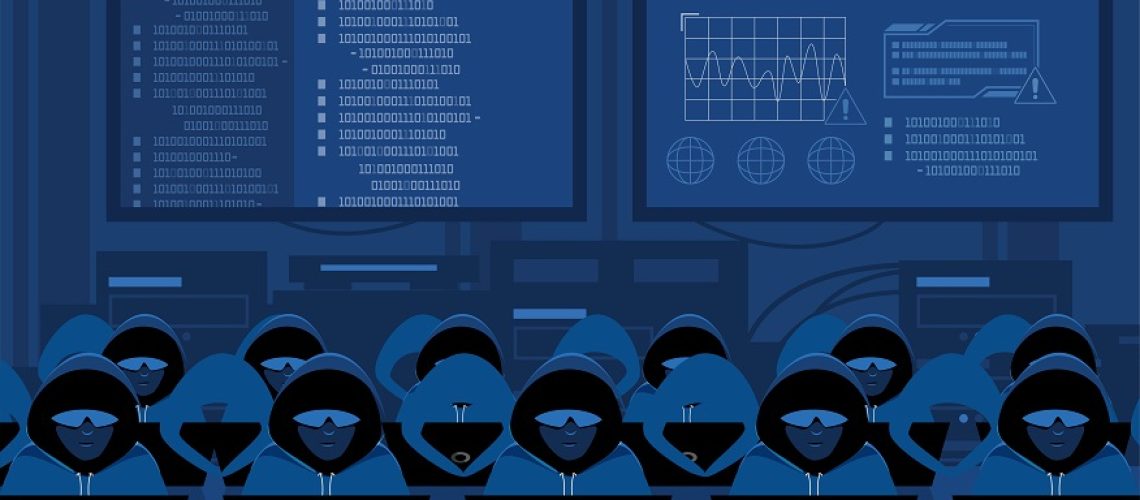 group of hackers using computers with large data screens behind them