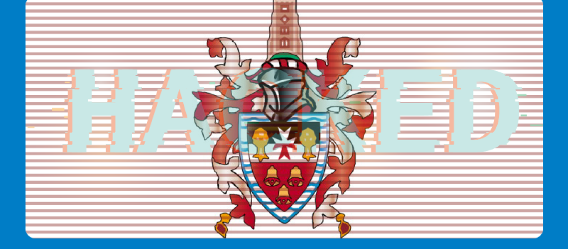 Hackney coat of arms with "HACKED" written across it