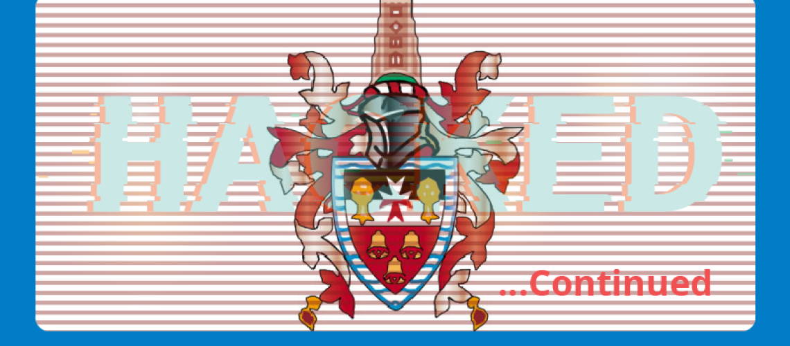 Hackney coat of arms with "HACKED" written across it and the word "Continued" underneath