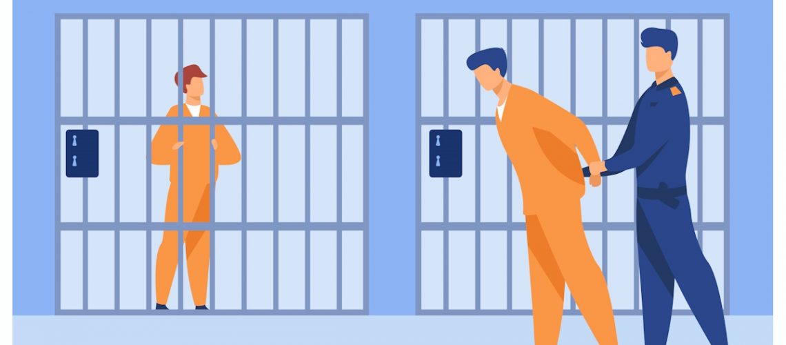 Two criminals are in jail, with a guard escorting a prisoner to a prison cell.