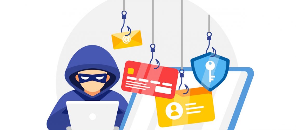 A hacker in a hoodie surrounded by phishing hooks, targeting email, credit card, and secure data.