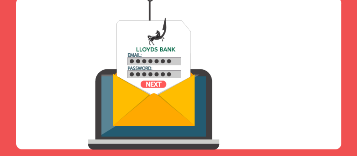 Lloyds branded email with phishing hook pulling it out of a laptop