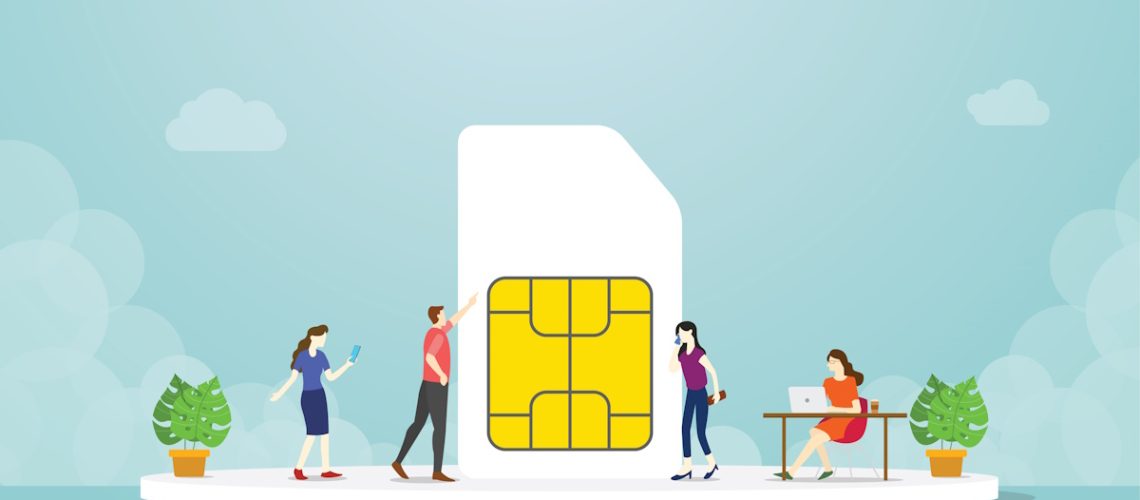 A large 5G SIM card with four people gathered around it.