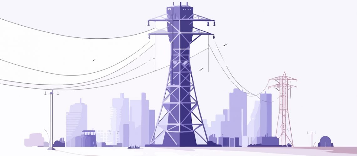 A view of an electronic power transmission tower with energy cables, set against a backdrop of city buildings.
