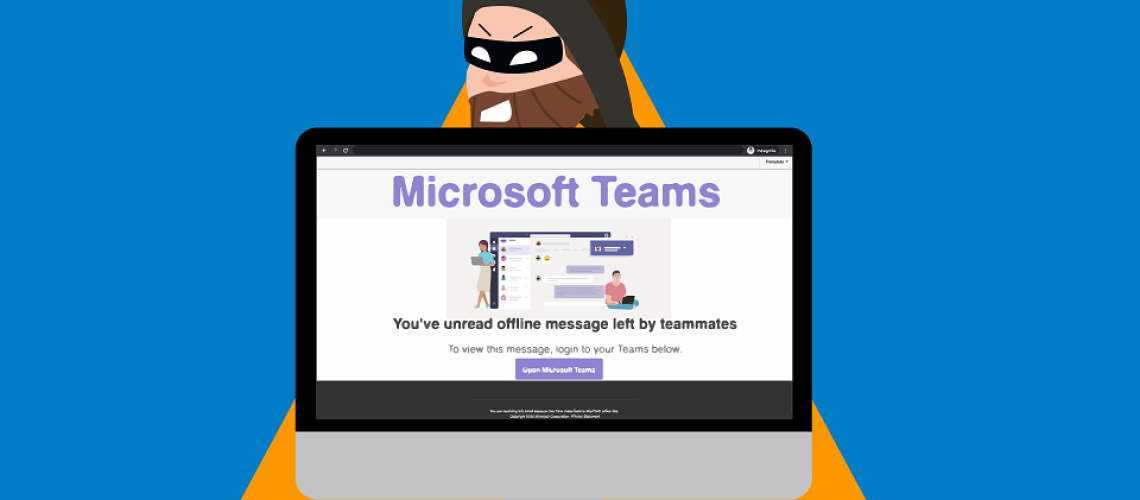 Hacker hiding behind computer screen with Microsoft Teams invite on screen