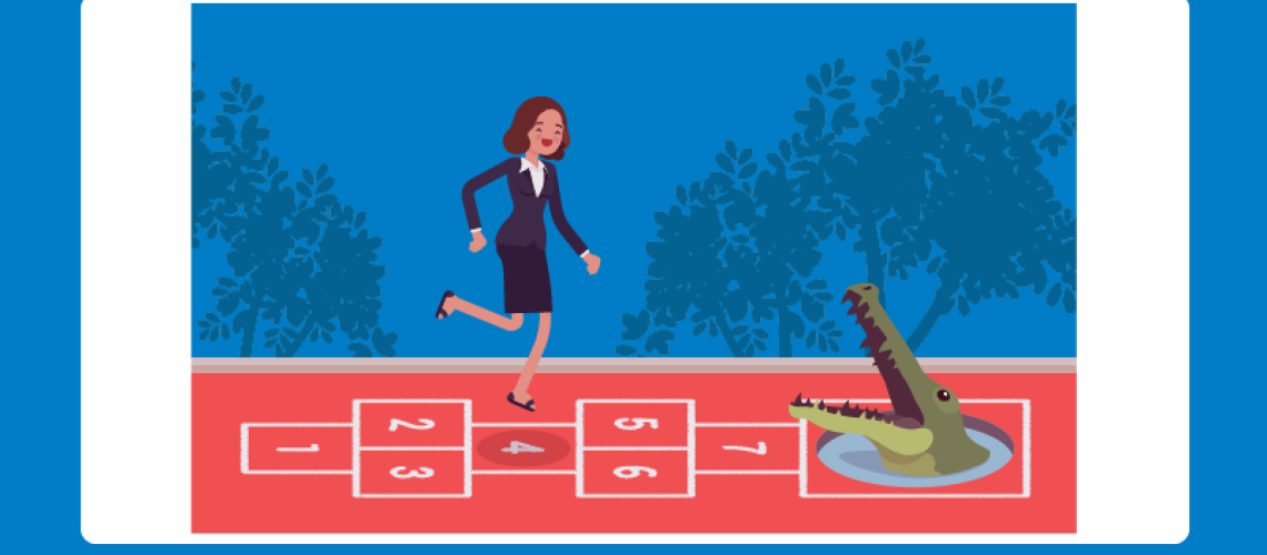 Person in business suit playing hopscotch towards a crocodile