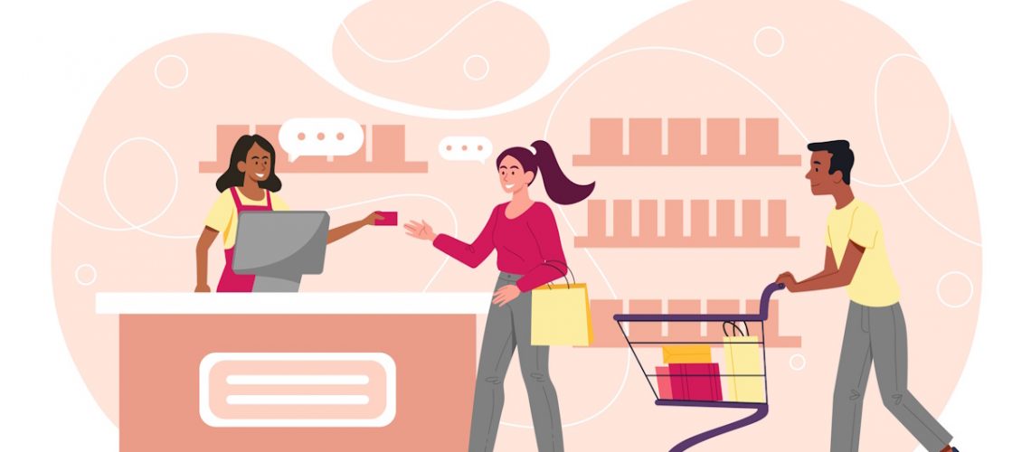 A supermarket checkout scene with cashier handing a card to a customer.