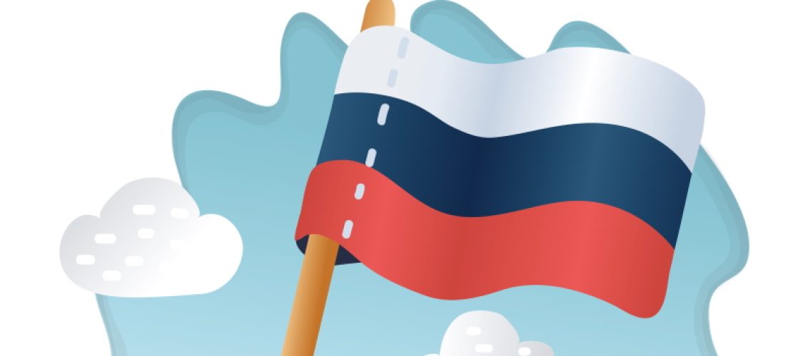 Vector cartoon illustration of flag of Russia in human hand. Fans, patriotic concept on outdoor background.