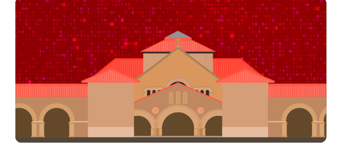 Stanford university with red code matrix behind