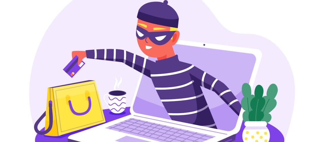 A digital criminal emerging from a computer screen and reaching into a handbag to steal a credit card.